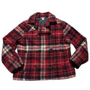 Woolrich Wool Blend Peacoat Red Cream Plaid Jacket M Christmas Pea Coat